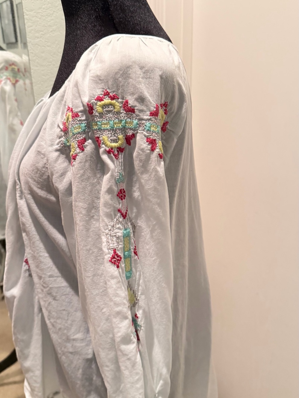 Johnny Was Pale Blue Embroidered Peasant Blouse with Pink & Green Accents - Picture 12 of 13